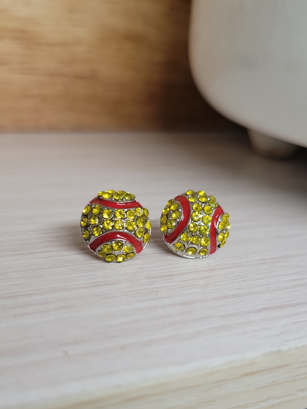 Yellow Crystal Softball Ball Stud Earrings with Red Enamel Accents